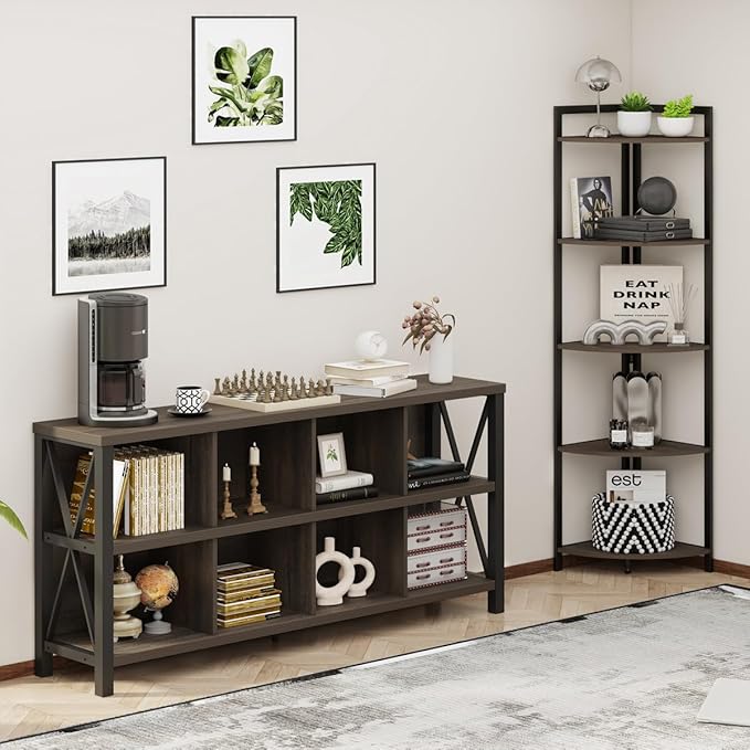 FATORRI 8 Cube Storage Organizer Bookshelf, Rustic Wood Cubby Bookcase, Industrial Horizontal Long Shelf for Living Room (Walnut Brown, 62 Inch)