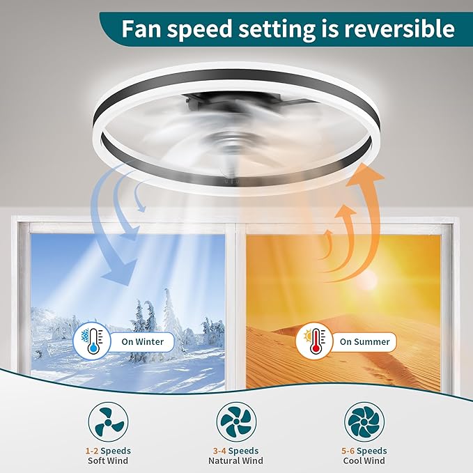 Ceiling Fans with Lights and Remote, 20" Low Profile Ceiling Fan, Dimmable Modern Flush Mount LED Fan Light, 6 Wind Speeds, Black Fandelier Ceiling Fans for Bedroom (Black)