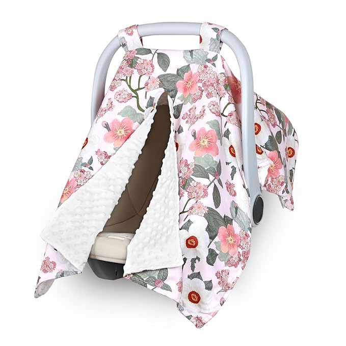 TANOFAR Baby Carseat Canopy, Peekaboo Opening Car Seat Canopy for Babies, Soft and Breathable Infant Carrier Canopy, Multi-use Baby Carrier, Stroller, Nursing Cover, Minky Blanket, Retro Flower