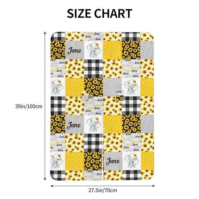 Personalized Elephant and Sunflower Plaid Baby Car Seat Canopy for Babies with Name, Customized Stroller Car Seat Covers for Girls Boys, Minky Nursing Carseat Cover for Breastfeeding, Newborn