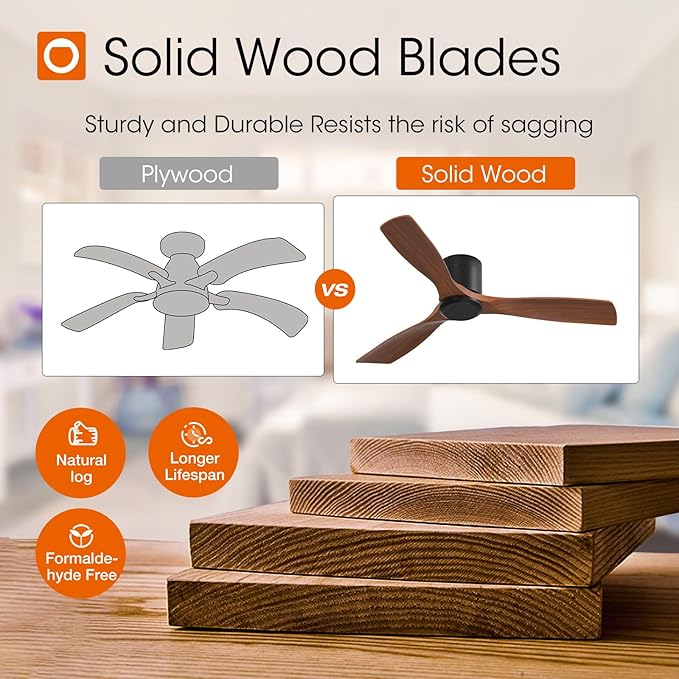 addlon 52 inch Ceiling Fans No Lights, Low Profile Ceiling Fan with Remote Control, Flush Mount, Reversible, 3 Wood Blades, 6 Speeds, Noiseless, Black Walnut Ceiling Fan for Indoor/Outdoor Use