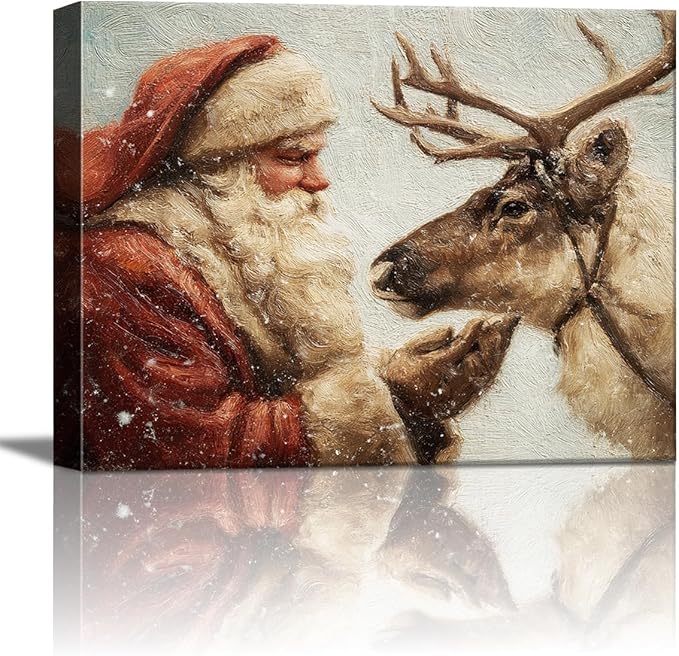 Santa Claus & Reindeer Christmas Canvas Wall Art - Festive Framed Print for Living Room & Office Decor, Ready-to-Hang Christmas Wall Art, Ideal Christmas Gifts & Holiday Decorations