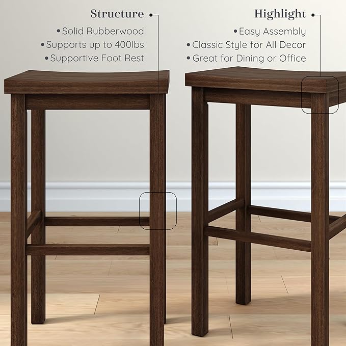 Grain & Grove Smith Collection Set of 2 Solid Wood Bar Stools, 30 inch Saddle-Seat Bar Chairs, Backless, Heavy-Duty Construction, Footrest Support, for Kitchen Islands, Home Bars, and Counters, Walnut