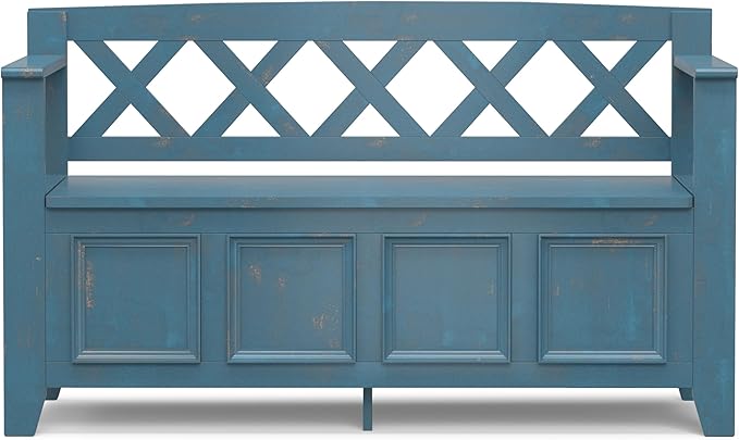 SIMPLIHOME Amherst Entryway Storage Bench - 48 inch Wide Solid Wood Hallway Seat in Distressed Coastal Blue, Transitional Bench for Entryway or Living Room with Lift-Up Lid and Spacious Storage