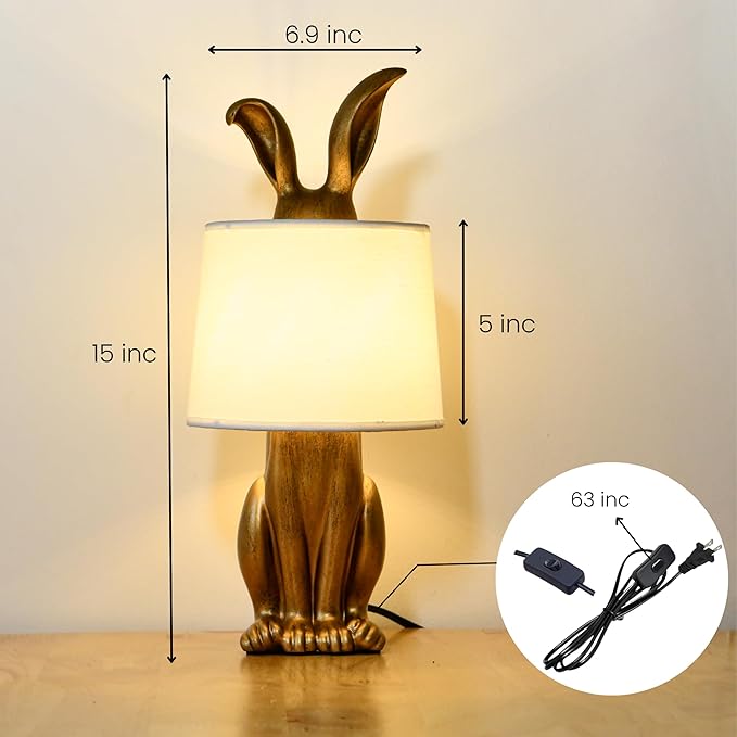 Bunny Table Lamp, Cute Animal Rabbit Lamp,Bunny Lamps,15.7" Vintage LED Desk Light with Linen Lampshade,Gold Main Part Beside Lamp for Bedroom, Study Room, Office, Nursery, Home Decor (Linen White)