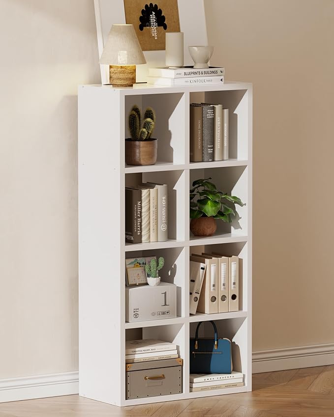 GTPLAYER 8-Cube Storage Organizer, Fits 11" Bins, Vertical or Horizontal Use, Opening Bookshelf, Partial Back Panels, Stackable Design Bookcase, for Living Room, Media Console, Hallway, White