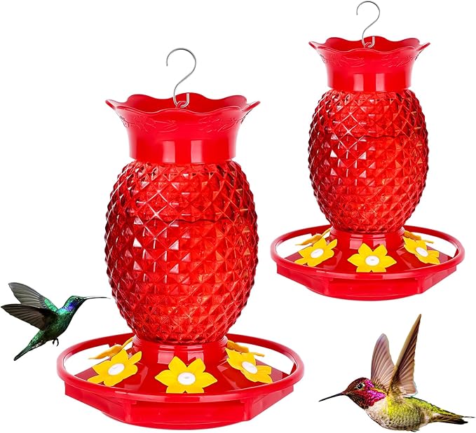 Glass Hummingbird Feeders for Outdoors Hanging Ant and Bee Proof 16OZ 2 Pack Red Pineapple Humming Bird Feeder with 6 Feeding Ports and Ant Moat Hummingbird Gifts for Women Garden Decor