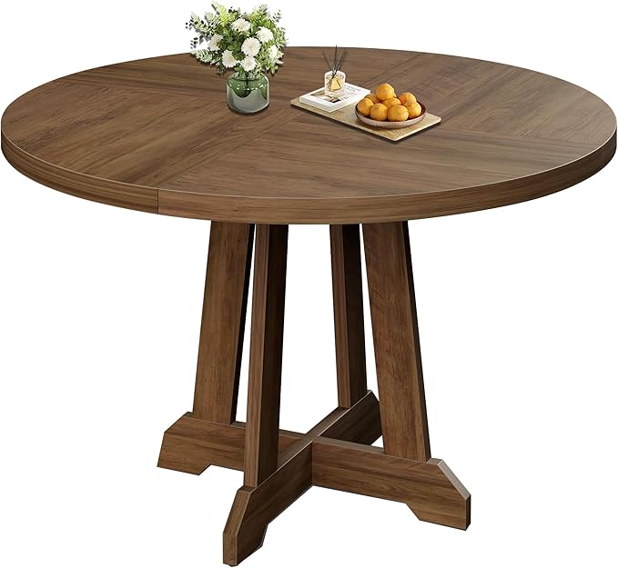 GarveeHome Round Dining Table for 4,Kitchen Dining Room Circle Dinner Pedestal Table,Space Saving Wood Kitchen & Dining Room Furniture,Brown 47-inch Diameter