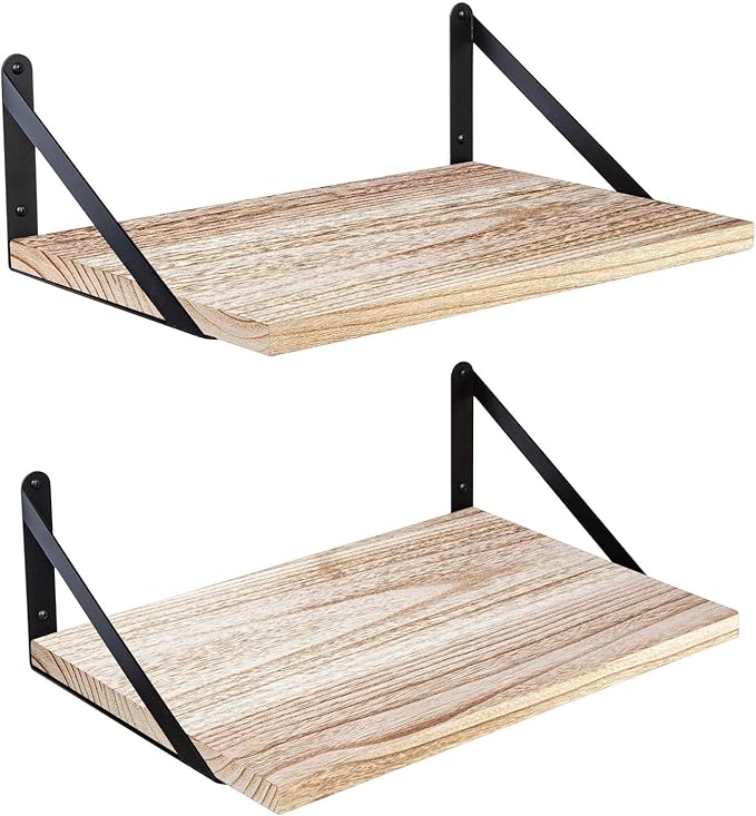 SAUMONIERES Floating Shelves Wall Bookshelf for Bedroom Bathroom Living Room Wood Wall Mounted Wide Deep Storage, Rustic Torched Wall Shelves Set of 2