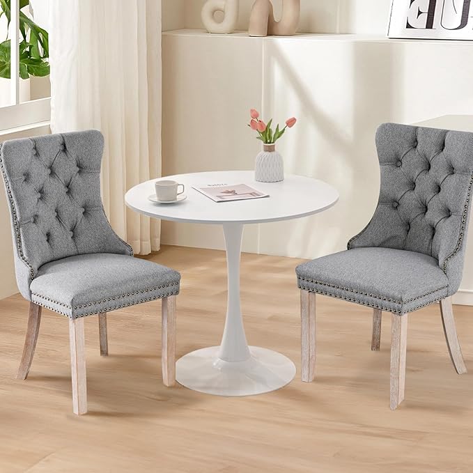 SoarFlash Kitchen Table and Chairs for 2, 31.5" Dining Table Set for 2 with Linen Upholstered Chairs, 3 Piece Round Kitchen Table Set, Dining Room Table Set for Small Space, Apartment, Grey/White