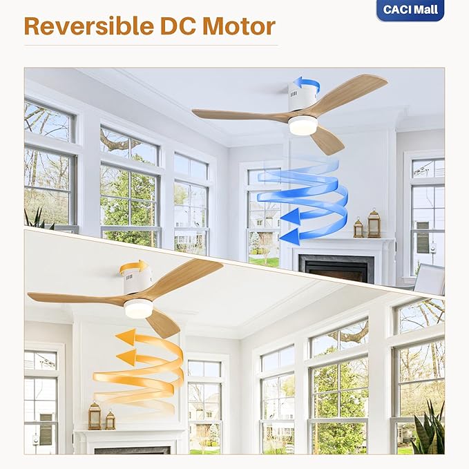 CACI Mall 52 Inch Wood Flush Mount Ceiling Fan with Lights, 3 Blades, Low Profile, Modern, 3CCT, Dimmable, Noiseless, Remote Contral, Outdoor Indoor Ceiling Fans for Bedroom/Farmhouse/Patio
