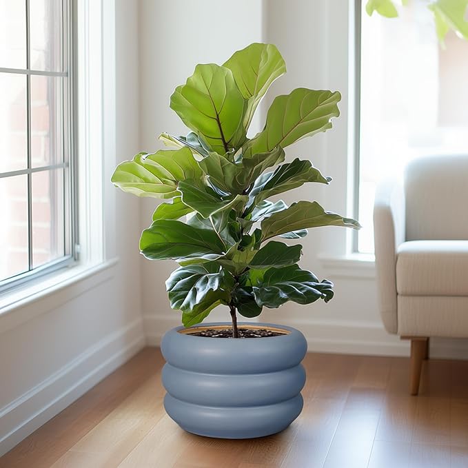 SQOWL Ceramic Planter for Outdoor Plants 13.5 Inch - Plant Pot with Drainage Hole Large Pot for Plants Indoor Unique Round Planter for Entry Way Table Home Decor Gray