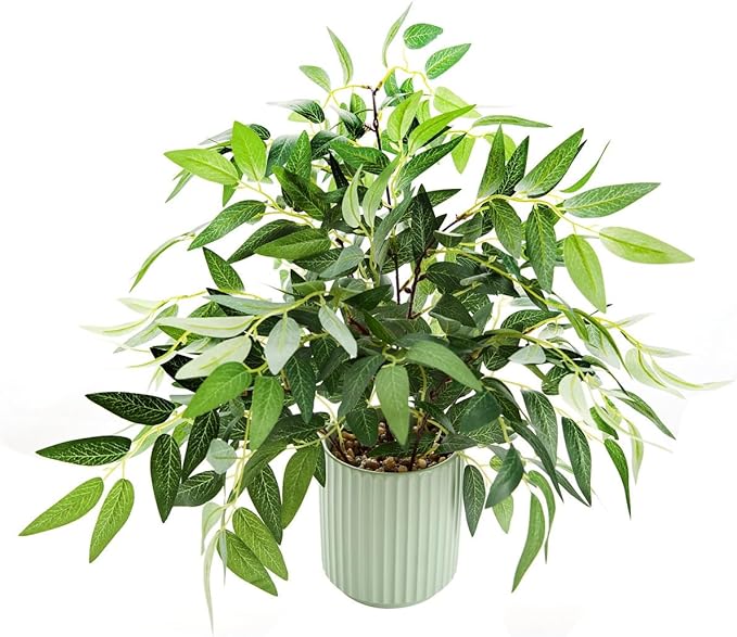 16" Artificial Willow Leaf Plant in Ribbed Ceramic Pot Lifelike Faux Potted Greenery for Indoor Home Office Table Shelf Living Room Bedroom Bathroom Decor