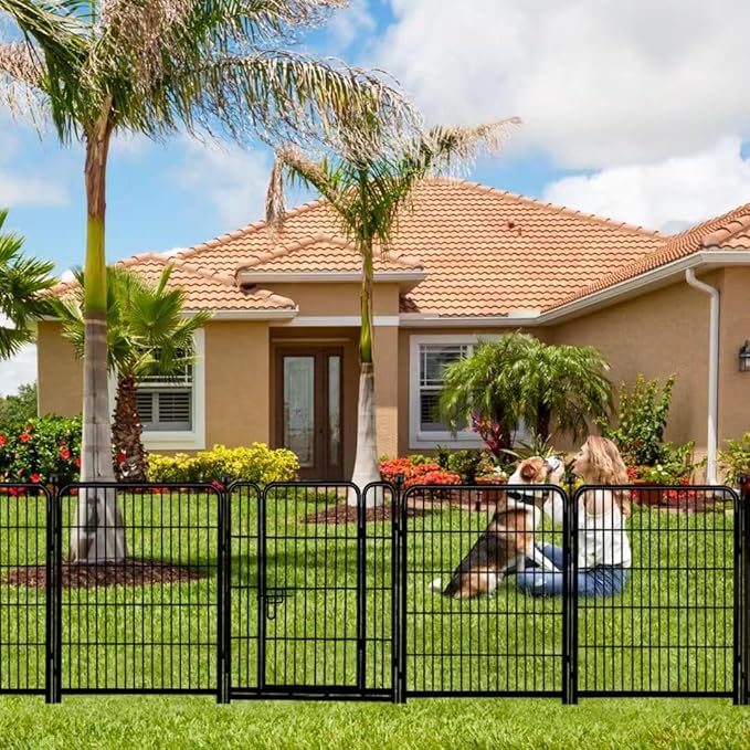 ADAVIN Tall Garden Fence with Low Threshold Door,54 in(H) 4 Panels Total 8.8 Ft(L) Fencing for Dogs, Garden Fence Animal Barrier, Black Iron Metal Heavy Duty Dog Fence Outdoor for Yard