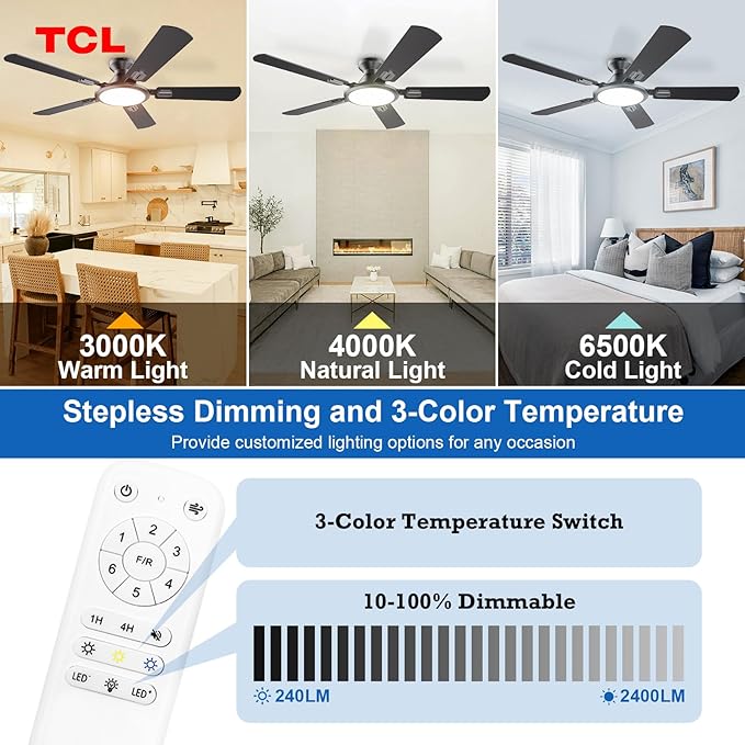 TCL Ceiling Fans with Lights, 52 Inch Low Profile Ceiling Fan with Light and Remote Control, Flush Mount, DC Reversible Motor, Noiseless, 6 Speeds Ceiling Fan for Bedroom (Black)