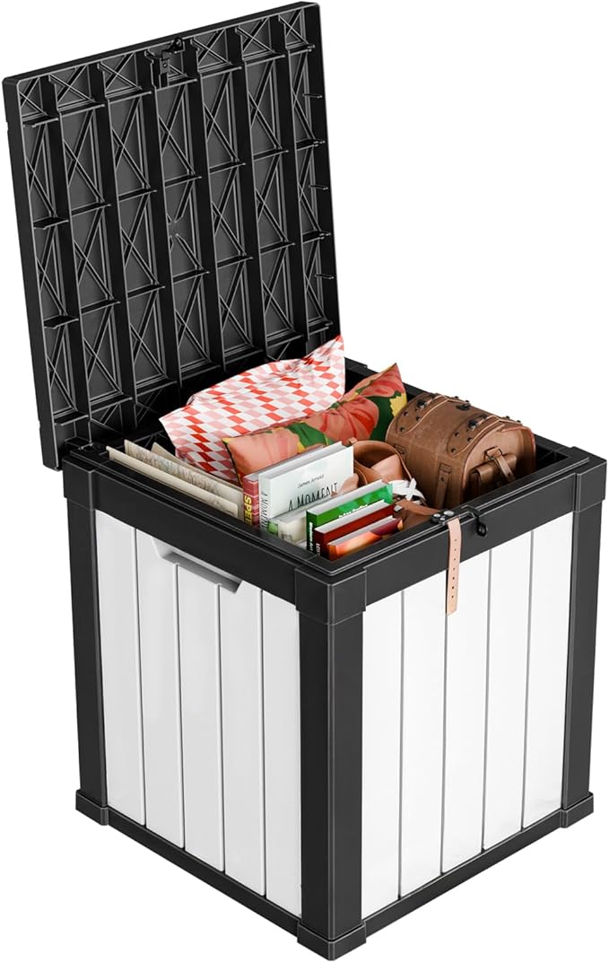 ROJIK Outdoor Storage Housing Deck Box - Waterproof Patio Furniture, Garden Tools, Cushions, Pool Accessories Storage Bench with Lockable Lid and Side Handles (Black & Whiter, 50 Gal)