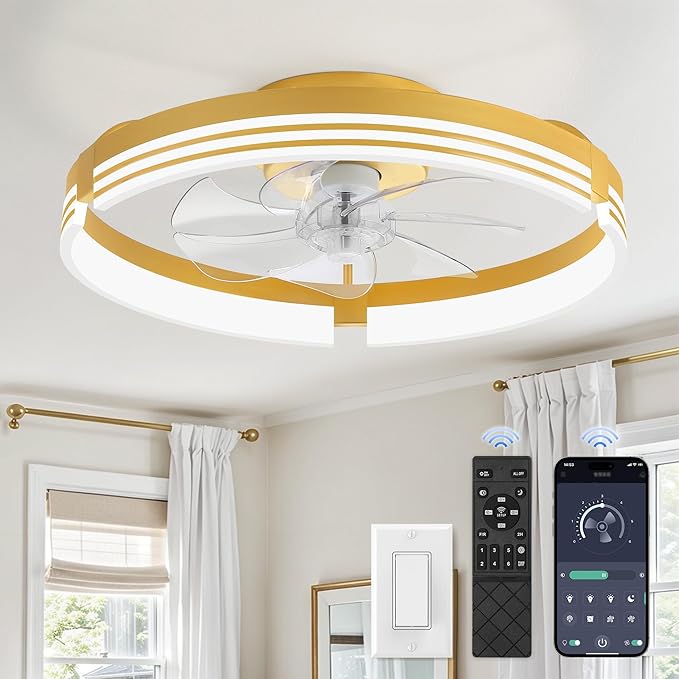 ZMISHIBO Low Profile Ceiling Fans with Lights and Remote, 20 Inch Flush Mount Ceiling Fan with Light, 3000K-6000K Dimmable Fandelier LED Fan Light, 6 Wind Speeds Gold Ceiling Fans for Bedroom
