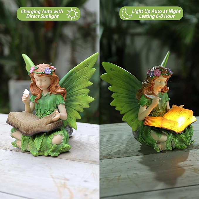 Fairy Garden Statues Outdoor Decor, Solar Fairy Lights Outdoor Lawn Ornaments Resin Sculptures Fairies Garden Decor for Outside Yard Art Patio Porch, Gifts for Women Mom