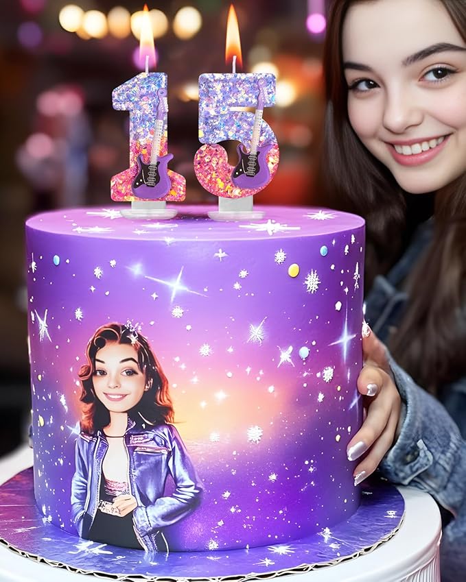 K-Pop Birthday Candle – Purple & Pink Glitter Music Theme Cake Candle with Guitar, Musical Party Decor for Girls, Teens, Kpop Fans (6)