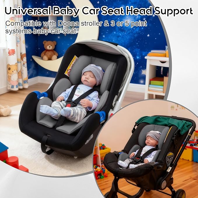 Thickened Carseat Head Support for Infant, Infant Car Seat Insert with Extra Headrest for Preemie to Newborn, Adjustable Baby Car Seat Cushion with Filled Natural Spong