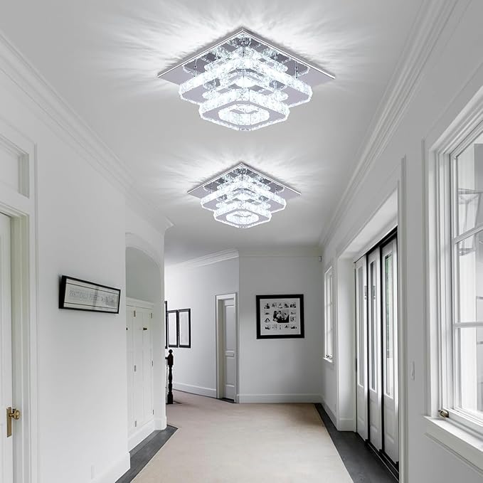 FRIXCHUR Crystal Ceiling Light Square Chandelier Modern LED Flush Mount 2 Layers Ceiling Lamp Lighting Fixture for Dining Room Living Room Bedrooms Kitchen Hallway Foyer (Cool White)