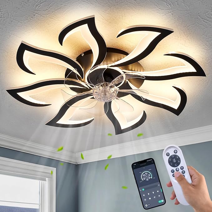 Black Flower Modern Ceiling Fans with Lights, Low Profile Ceiling Fan with Remote for Bedroom, 32inch Flush Mount Ceiling Fan with LED Dimmable Light,6-Speeds, Timing CeilingFan Light-8L
