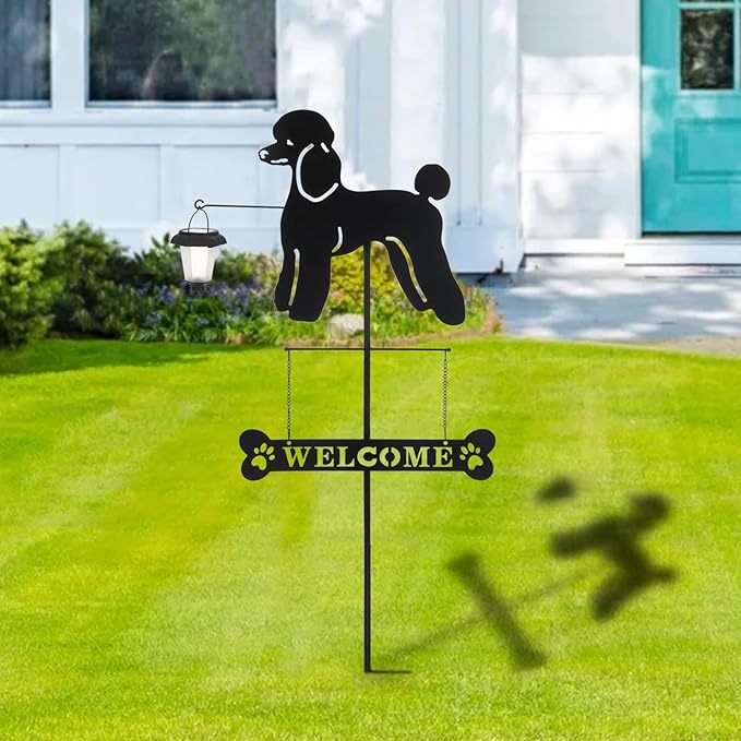 BAYN Solar Poodle Garden Stakes Decorative with a Lantern Dog Silhouette Welcome Sign Outdoor Garden Decor for Yard, Lawn, Patio, Pathway