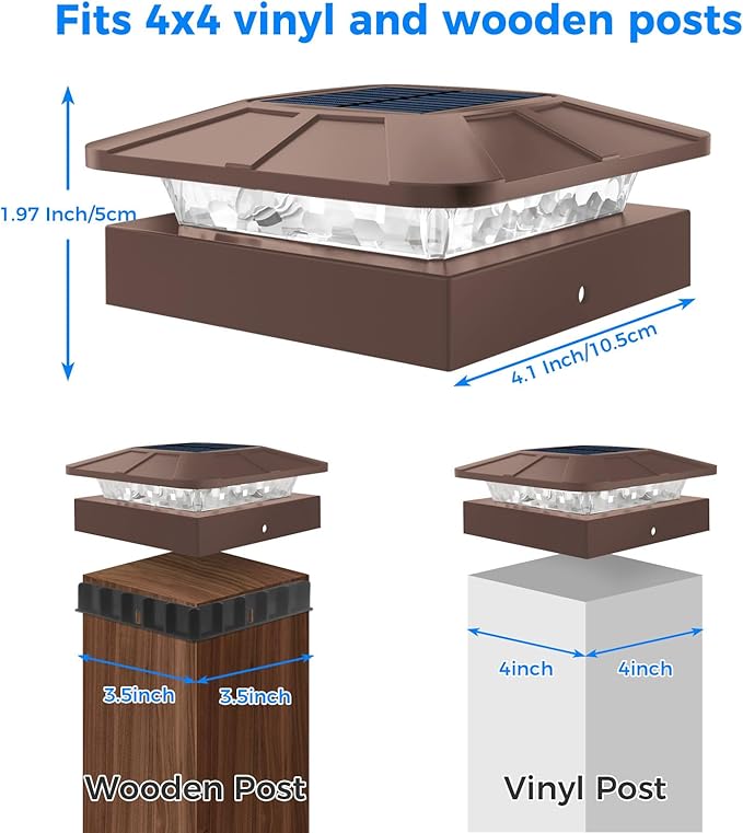 Peasur 4x4 Solar Post Cap Lights Outdoor with 3 Modes, 20 Packs Brown Fence Deck Light Solar Powered Waterproof, Wood/Vinyl Posts Top Lights for Yard Garden Patio Porch Railing Outside