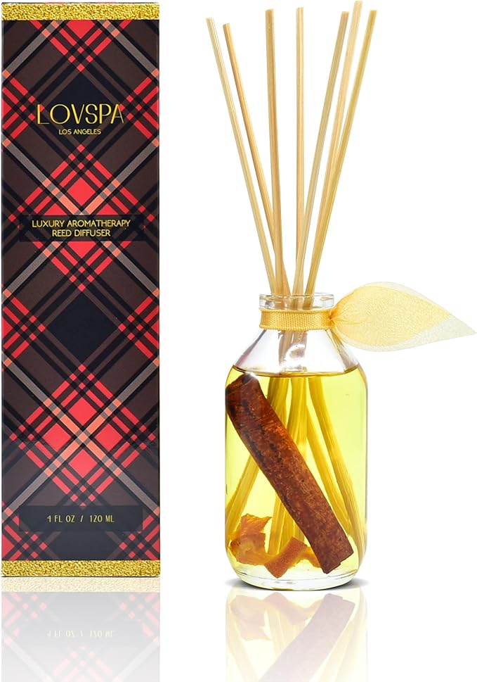 LOVSPA Reed Diffuser Set, Spiced Pomander Orange Cinnamon Scented Oil Diffuser with Sticks, Home Fragrance Accessories for Bathroom Shelf Decor, Aroma Diffusers for Home or Office Desk, USA Made