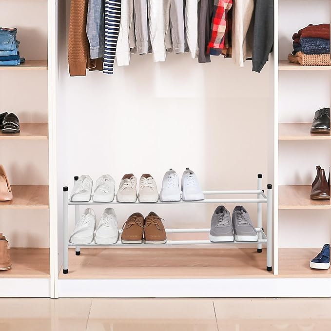 STORAGE MANIAC Expandable Shoe Rack, 8 Pairs Stackable Small Shoe Rack, Metal Adjustable Shoes Organizer for Closet, Entryway, Hallway, Garage, Front Door, Shoes Shelves, White 2 Tier