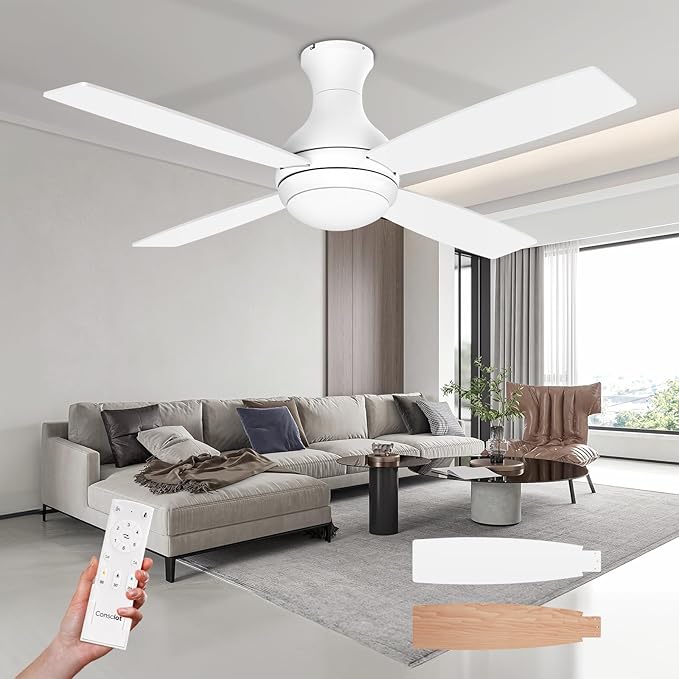 Consciot Ceiling Fan With Lights, 52 Inch Modern Low Profile Ceiling Fan, Remote Control, Quiet Reversible DC Motor, Dimmable 3 Color, 4 Double Finish Blades, Flush Mount, Indoor Only, White