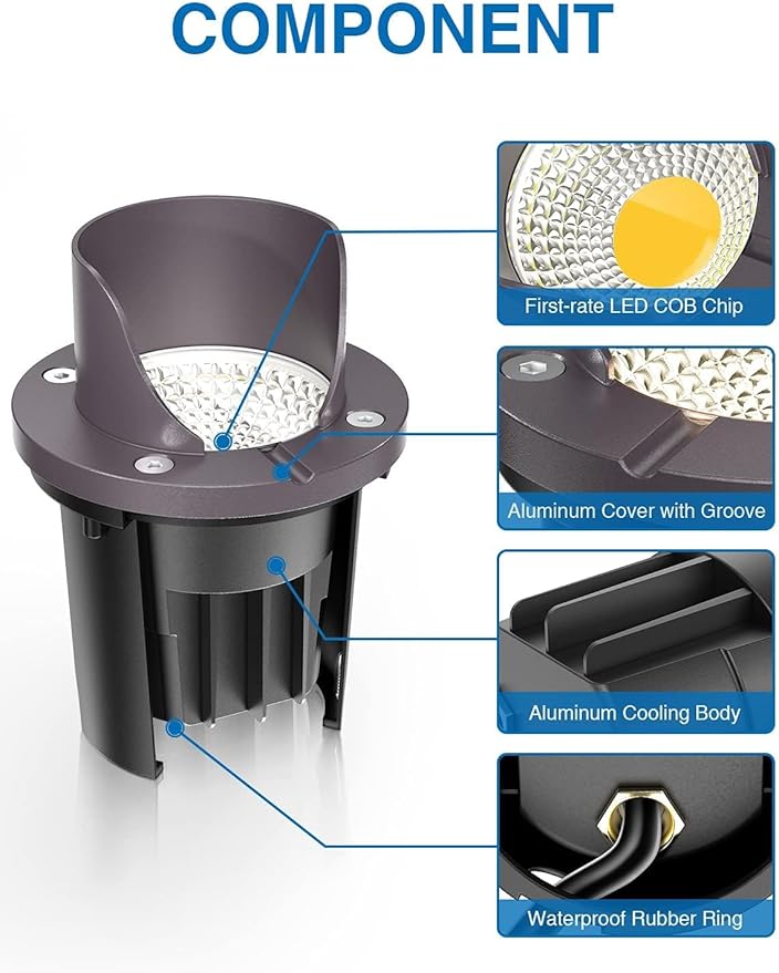 SUNVIE 12W Low Voltage Landscape Lights Waterproof Outdoor In-Ground Lights Shielded LED Well Lights 12V-24V Warm White Landscape Lighting for Pathway Garden Fence Deck, 6 Pack with Wire Connectors