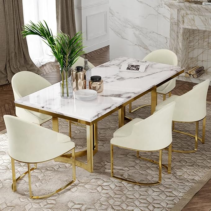 POVISON Marble Dining Table for 6, Modern Dining Room Table 71" for Kitchen & Dining Room, Luxury White Marble Table Top with Gold Trestle Pedestal(Dining Table Only)