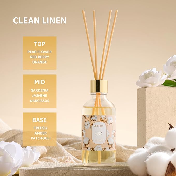 Airkeep Reed Diffuser Oil Set with Reed Sticks, Clean Linen Aromatherapy Oil Scent Diffuser for Home Office Bathroom Decoration Perfume and Gifts 3.38 oz/100ml