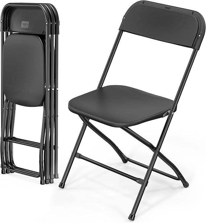 VINGLI 4 Pack Black Plastic Folding Chair, Indoor Outdoor Portable Stackable Commercial Seat with Steel Frame 350lb. Capacity for Events Office Wedding Party Picnic Kitchen Dining