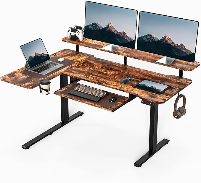 59 Inch L Shaped Standing Desk with Shelves and Keyboard, Electric Corner Standing Desk Adjustable Height, Sit Stand Computer Table with Reversiable Splice Board，Rustic Brown