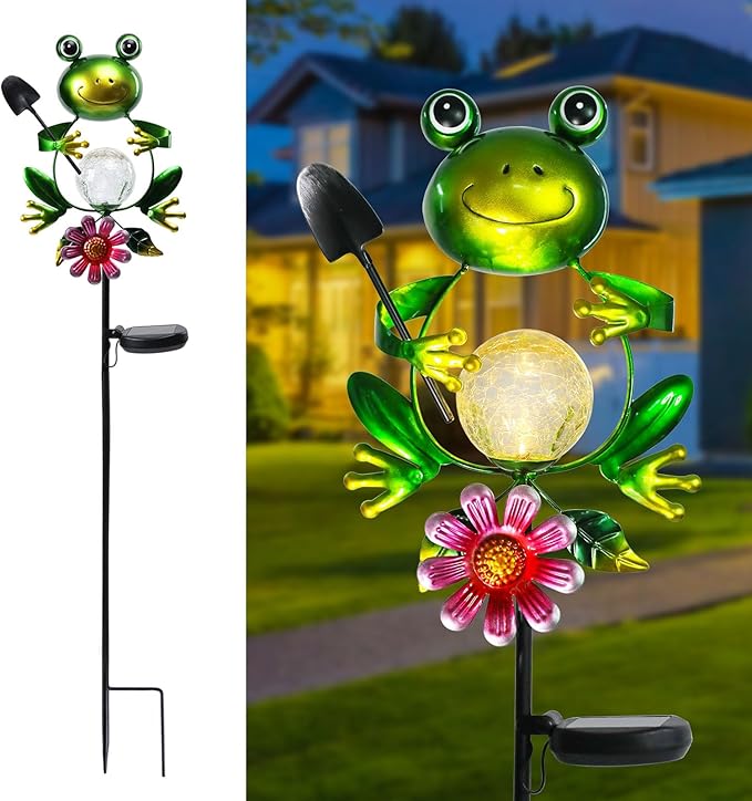 Afirst Solar Lights Outdoor Decorative Metal Frog Crackle Glass Globe Warm White LED Metal Waterproof Garden Stake Lights for Walkway Pathway Lawn Patio Yard Decorations