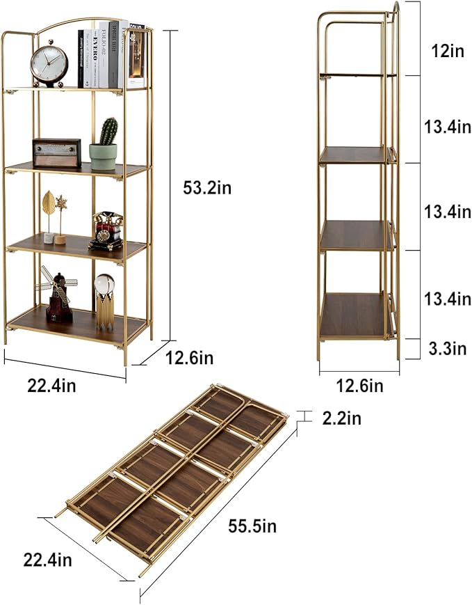 Crofy No Assembly Folding Bookshelf for Living Room, 4 Tier Gold Collapsible Book Shelf for Home Office, Portable Bookcase Storage Organizer