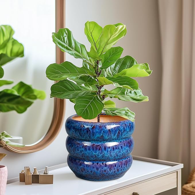 SQOWL Ceramic Planter Pot - 8 Inch Plant Pot Indoor with Drainage Hole Round Outdoor Pot for Plants Decorative Flower Pots Round Planter for Home Room Decor Blue
