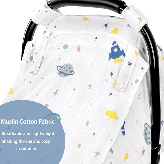 Hooyax Muslin Car Seat Cover Baby, Summer Car Seat Covers for Babies, Infants, and Newborns, Ultra Soft Breathable Universal Fit Stroller Carseat Canopy Covers for Boys Girls (Planet)
