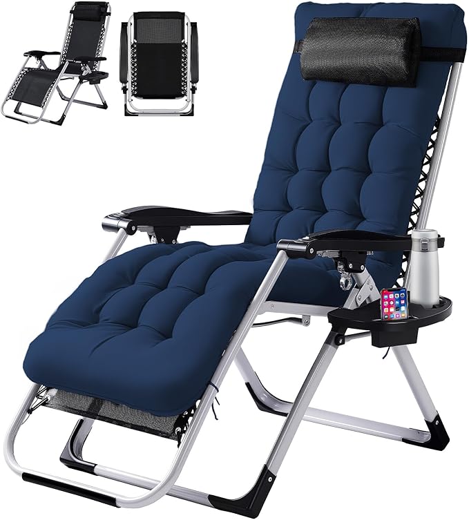 VINGLI Padded Zero Gravity Chair, Lounge Chair with Removable Cushion & Tray， Folding Reclining Patio Chairs， Recliner Chair for Lawn，Indoor and Outdoor-Blue