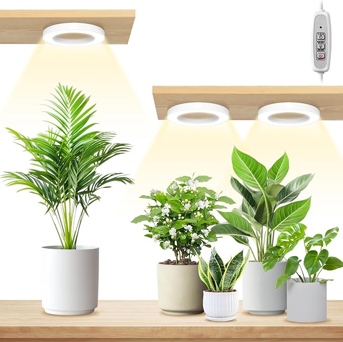 LORDEM 6.3” Ceiling Grow Lamp for Indoor Plants, 216 LEDs Full Spectrum Halo Plant Light, Under Cabinet Grow Lights with 4/8/12H Auto Timer, 3 Switch Modes, 4 Dimmable Brightness Levels, Tri Head