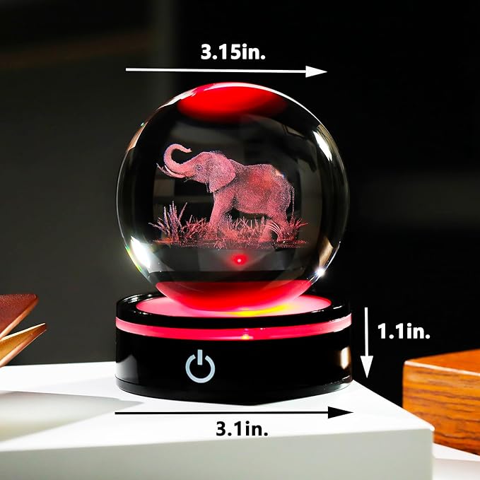 YWHL 3D Elephant Figurine Crystal Ball with Colorful Light Base, Elephant Gift for Women and Men on Christmas or Birthday, 3D Laser Engraved Full Sphere Glass Decorative Ball for Home or Office (80mm)