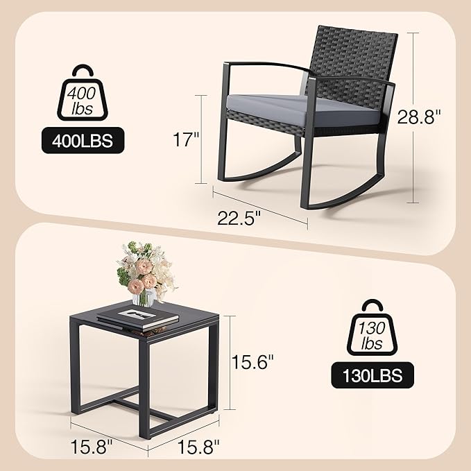 3 Pieces Outdoor Patio Furniture Set Rocking Bistro Set Outdoor Rattan Conversation with Coffee Table for Garden Balcony Backyard Poolside (Grey Cushion)