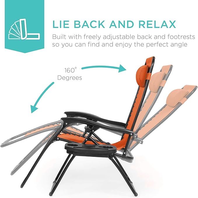 Best Choice Products Set of 2 Adjustable Steel Mesh Zero Gravity Lounge Chair Recliners w/Pillows and Cup Holder Trays - Burnt Orange