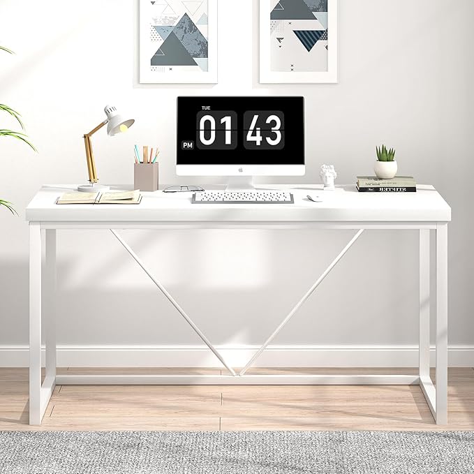 EXCEFUR Home Office Desk, Modern Wood Computer Desk, Wood Study Writing Table, Simple Gaming Executive Desk Workstation for Bedroom Living Room, White, 53 inch
