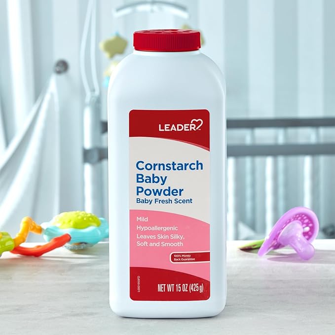LEADER Cornstarch Baby Powder, Naturally Derived Cornstarch Aloe & Vitamin E, Hypoallergenic, Leaves Skin Silky, Soft and Smooth, Baby Fresh Scent, 15 Ounce (Pack of 2)