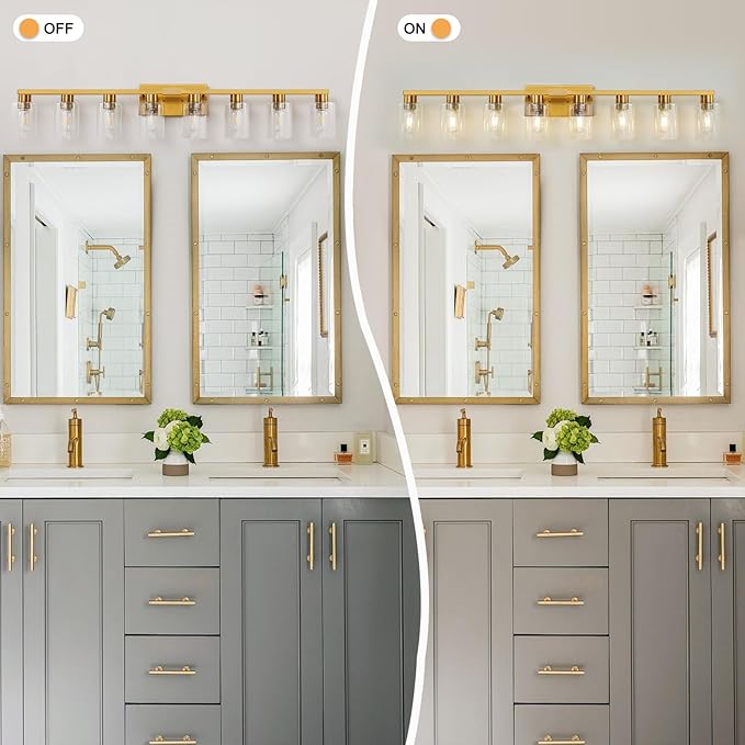 8 Light Gold Bathroom Light Fixtures, Modern Large Vanity Lights with Clear Glass Shade, Brushed Brass Bathroom Lighting Fixtures Over Mirror, Wall Scones Light for Bedroom, Living Room