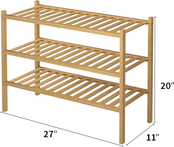 3 Tier Bamboo Shoe Rack for Closet Free Standing Wood Shoe Shelf Storage Organizer for Entryway Small Space Stackable 27"x11"x20" (Natural)