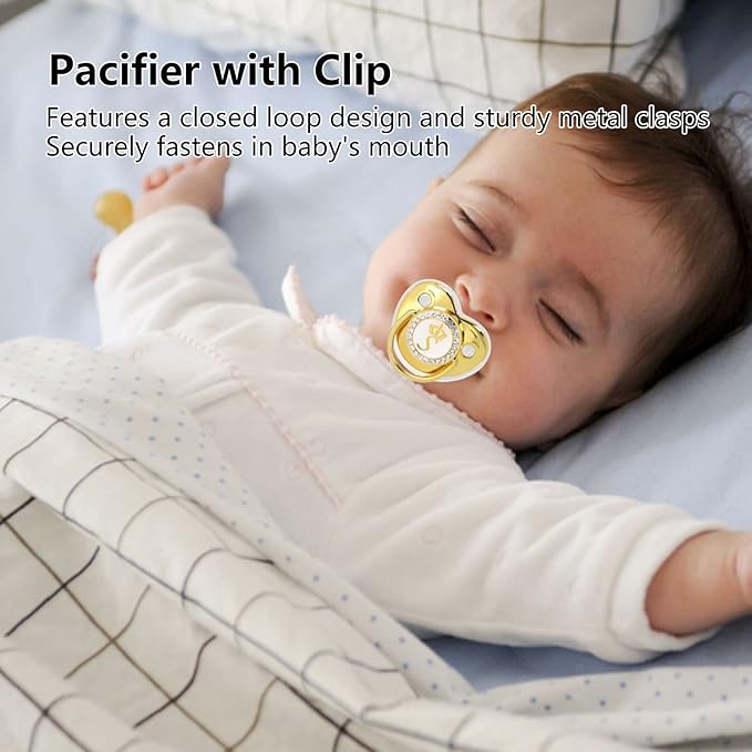 Personalized Golden Letter Baby Pacifier with Bling Design, Clips, Anti-Dust Cover for Newborn Photography, Size S